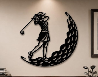 Decoración de pared metálica con temática de golf, silueta de mujer golfista, regalo para mujer del hoyo 19