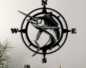 Marlin with Compass Metal Wall Art, Unique Metal Sign, Beach House Decor, Ocean Wall Art, Fishing Gift, Nautical Wall Art, Coastal Metal Art