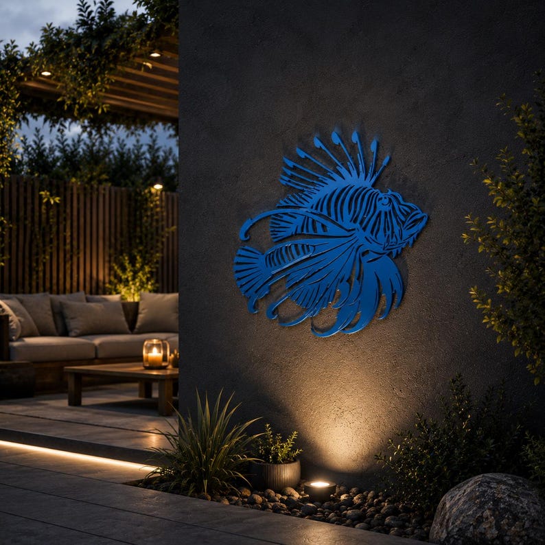 Puede incluir: Una pieza de arte mural de metal azul con forma de pez le&oacute;n con intrincados detalles recortados, que presenta aletas largas y fluidas y una estructura dorsal espinosa, montada sobre una pared exterior gris oscuro con acabado mate.