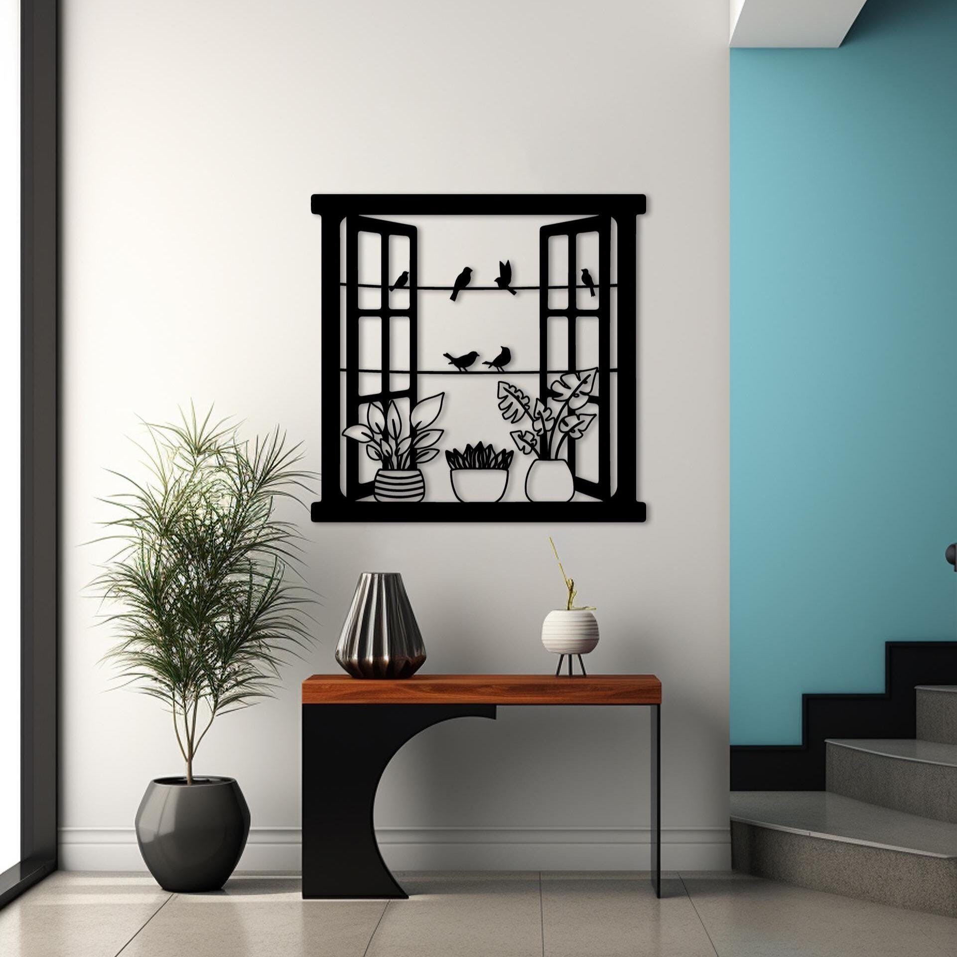 Flower Modern Wall Decor for Living Room, Window and Birds Metal Wall Art, Birds Home Decor, Metal Flower Wall Decor, Flower and Bird Decor