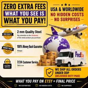 Puede incluir: Un gr&aacute;fico informativo amarillo y blanco con un avi&oacute;n y un cami&oacute;n de reparto FedEx, un globo terr&aacute;queo y texto: ZERO EXTRA FEES WHAT YOU SEE IS WHAT YOU PAY, 2 mm Quality Steel, 100% Money Back Guarantee, 7/24 Customer Service y DDP. Informaci&oacute;n clara.