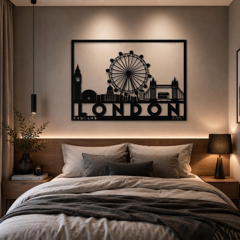 May include: A rectangular black metal wall art piece featuring a silhouette of the London skyline, including the Big Ben clock tower, the London Eye, and Tower Bridge. The word LONDON is cut out in large capital letters with ENGLAND below it.