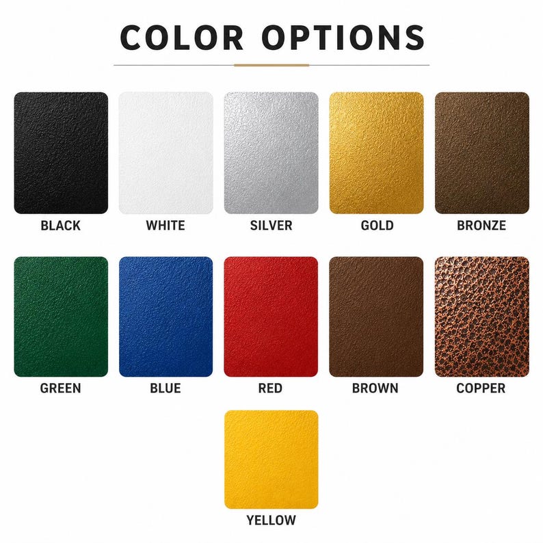 Puede incluir: Una carta de colores titulada COLOR OPTIONS que muestra once muestras cuadradas en negro, blanco, plata, oro, bronce, verde, azul, rojo, marr&oacute;n, cobre y amarillo. Cada muestra tiene un acabado texturizado y est&aacute; etiquetada con su nombre.