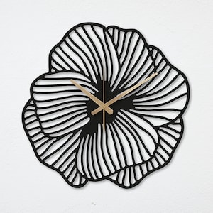 Flowers Metal Wall Clock, Black Large Silence Metal Wall Clock, Modern Minimalist Wall Clock, Unique Stylish Clock, Floral Living Room Decor