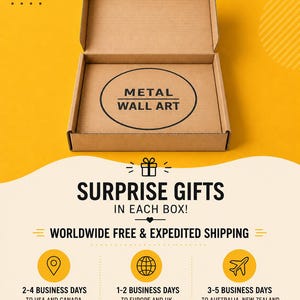 Puede incluir: Una caja de env&iacute;o de cart&oacute;n marr&oacute;n abierta con el texto METAL WALL ART impreso en negro dentro de un c&iacute;rculo en la base. La caja se muestra sobre un fondo amarillo con varios iconos y texto que detalla informaci&oacute;n sobre env&iacute;os y regalos.
