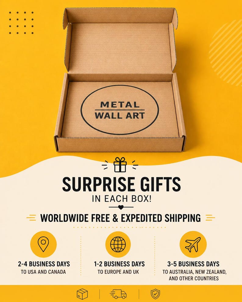 Puede incluir: Una caja de env&iacute;o de cart&oacute;n marr&oacute;n abierta con el texto METAL WALL ART impreso en negro dentro de un c&iacute;rculo en la base. La caja se muestra sobre un fondo amarillo con varios iconos y texto que detalla informaci&oacute;n sobre env&iacute;os y regalos.