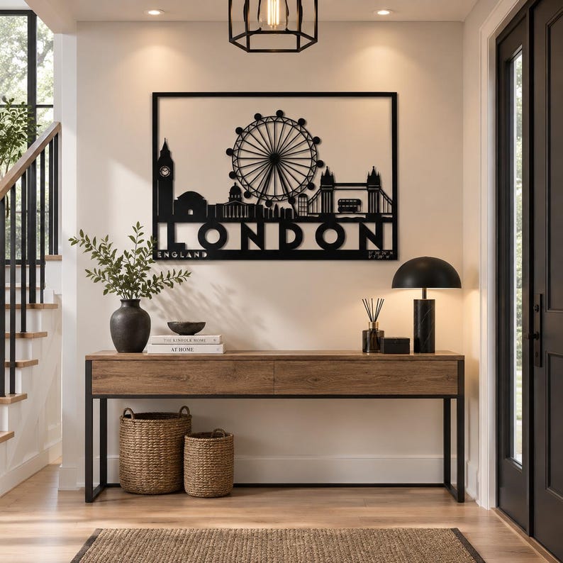 May include: A black metal wall art piece featuring a silhouette of the London skyline, including the London Eye, Big Ben, and Tower Bridge. The word LONDON is cut out in large capital letters with the word ENGLAND underneath in smaller text.
