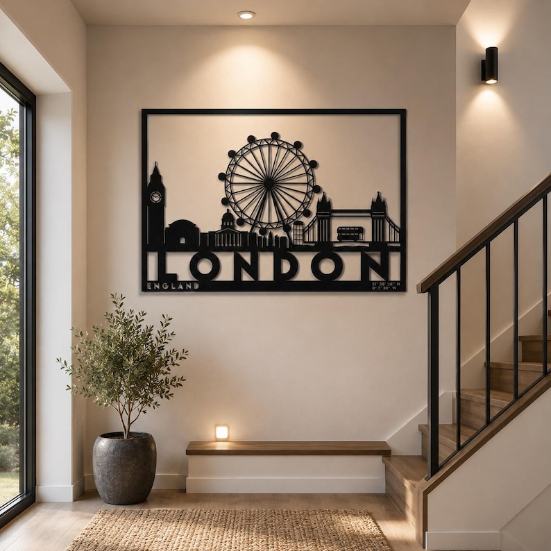 May include: A black metal wall art piece featuring a silhouette of the London skyline, including Big Ben, the London Eye, and Tower Bridge. The word LONDON is cut out in large capital letters at the bottom, with ENGLAND and coordinates below.