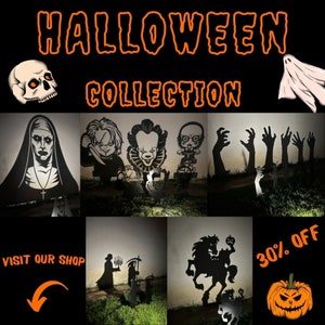 K&ouml;nnte beinhalten: Eine Sammlung von Halloween-Garten-Dekorationen mit Silhouetten von gruseligen Figuren wie einer Nonne, einem Clown und einem Monster. Die Dekorationen sind aus Metall und schwarz. Das Bild zeigt auch einen Sch&auml;del, einen Geist und einen K&uuml;rbis. Der Text "Halloween Collection" und "30% Off" ist auf dem Bild zu sehen.