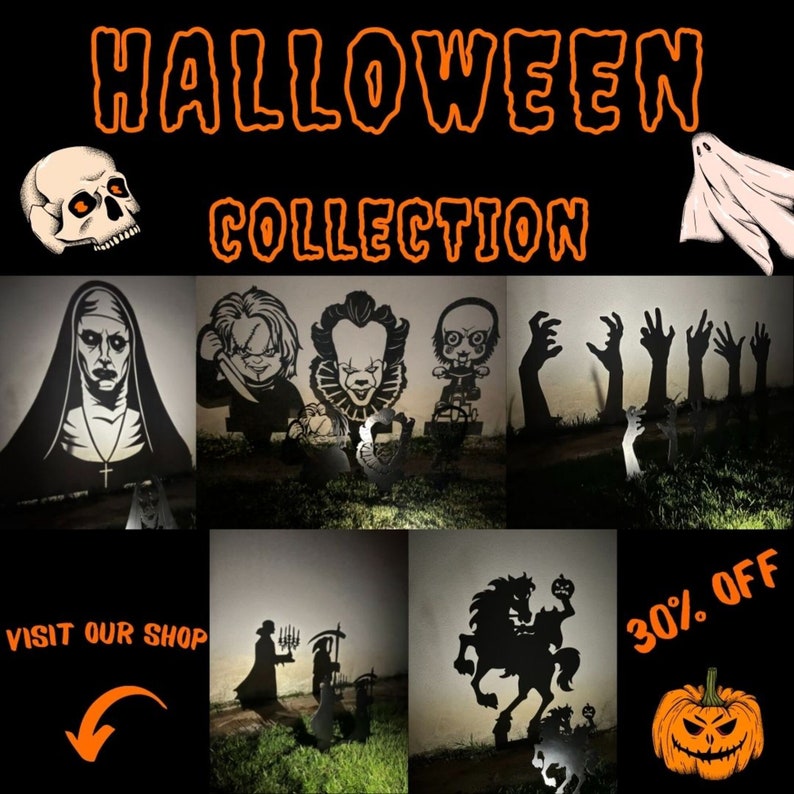 K&ouml;nnte beinhalten: Eine Sammlung von Halloween-Garten-Dekorationen mit Silhouetten von gruseligen Figuren wie einer Nonne, einem Clown und einem Monster. Die Dekorationen sind aus Metall und schwarz. Das Bild zeigt auch einen Sch&auml;del, einen Geist und einen K&uuml;rbis. Der Text "Halloween Collection" und "30% Off" ist auf dem Bild zu sehen.