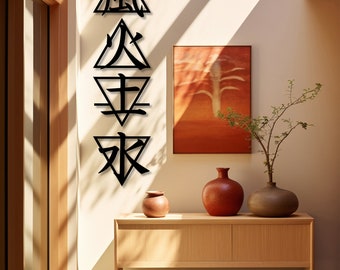Japanese Elements Wall Art Set of 4, Japan Kanji 4 Elements