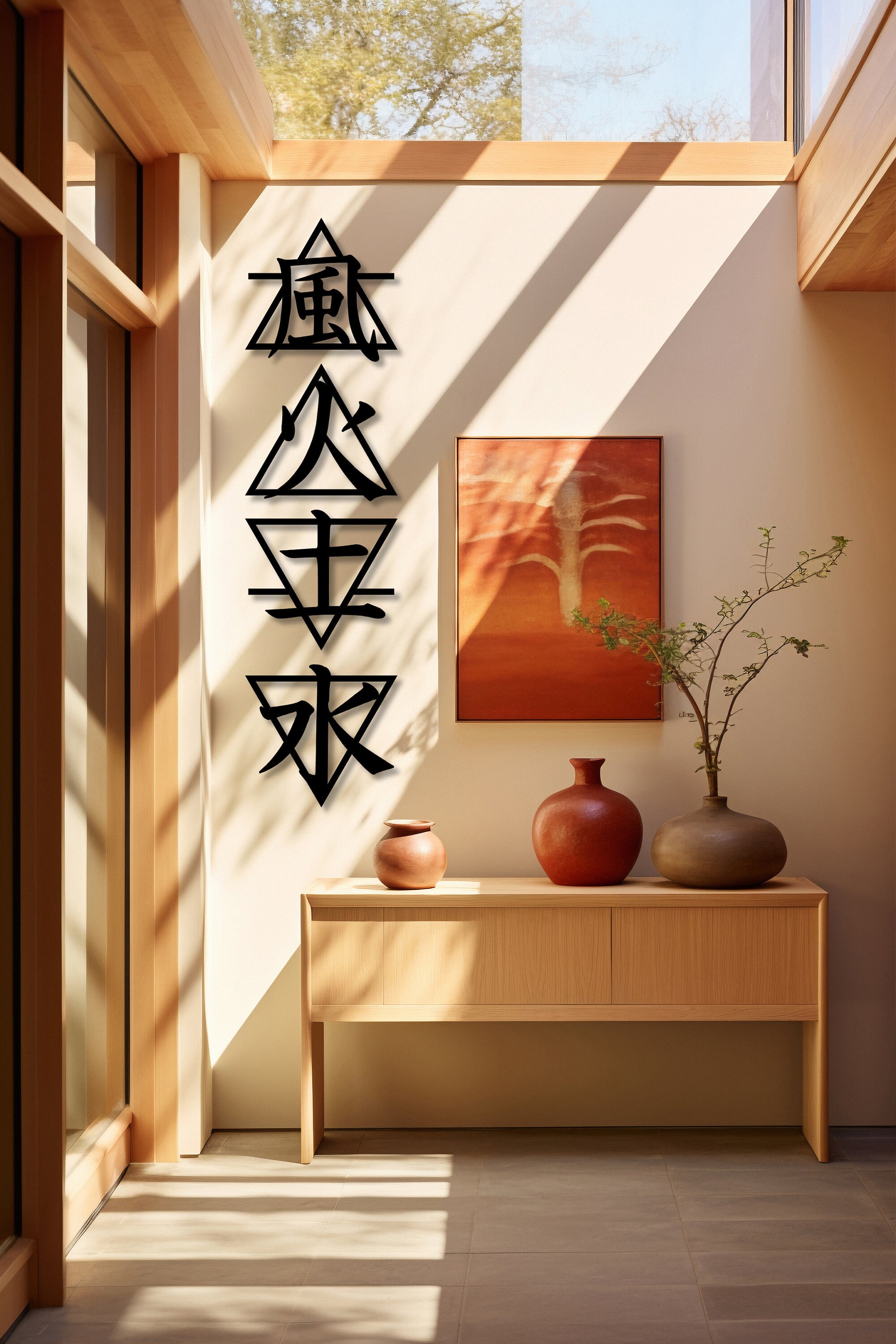 Japanese Elements Wall Art Set of 4, Japan Kanji 4 Elements