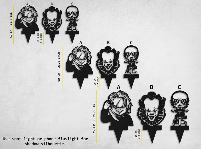 K&ouml;nnte beinhalten: Drei schwarze Silhouette-Kuchentopper mit Figuren aus Horrorfilmen. Die Topper sind 16,5 cm, 20 cm und 25 cm hoch. Verwenden Sie eine punktf&ouml;rmige Lichtquelle oder eine Taschenlampe, um eine Schatten-Silhouette zu erzeugen.