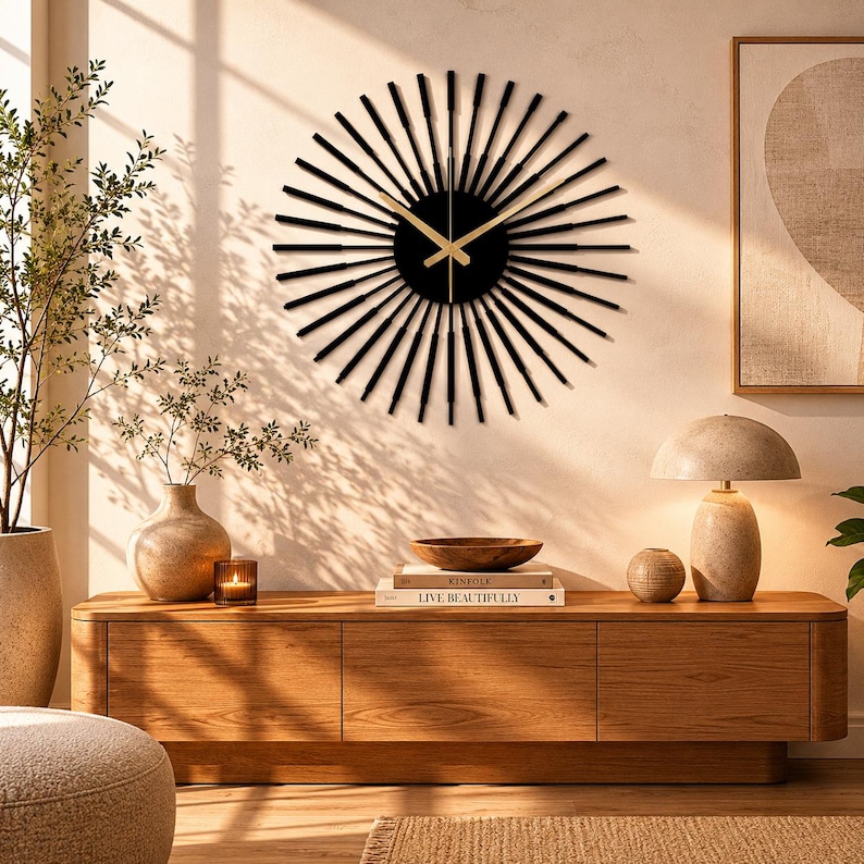 May include: A modern wall clock with a black sunburst design. The clock has a black circular face with gold-colored hands. The clock is mounted on a light-colored wall. The room also features a wooden cabinet, a lamp, and decorative items.