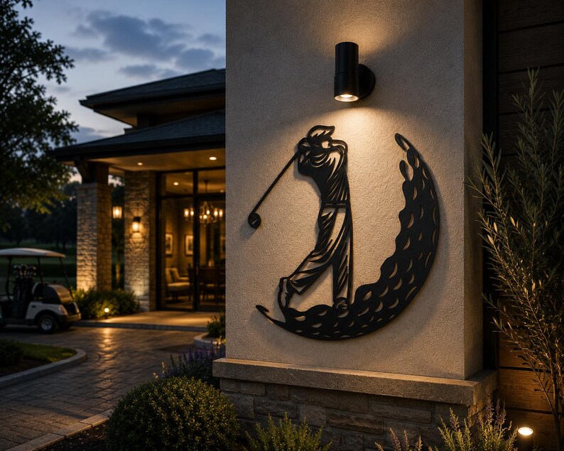 Puede incluir: Una pieza de arte mural de metal negro con la silueta de un golfista en pleno swing, integrada en un dise&ntilde;o circular que recuerda a una pelota de golf con textura. La pieza est&aacute; montada en una pared exterior clara bajo una luz cil&iacute;ndrica.