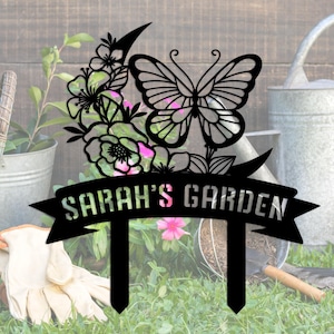 Custom Butterfly Metal Yard Decor, Custom Garden Name Sign, Butterfly with Stakes Garden Sign,Flower Design Personalized Garden Sign