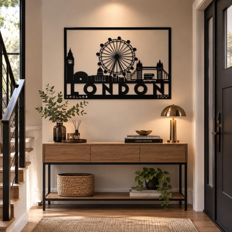 May include: A black metal wall art piece featuring a silhouette of the London skyline, including Big Ben, the London Eye, and Tower Bridge, with the text LONDON ENGLAND printed below. The design is rectangular with a thin black frame border.