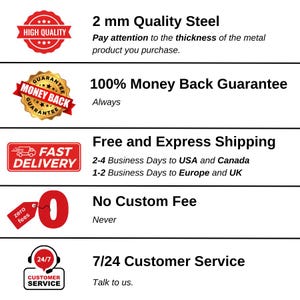 May include: Image with text and icons. Includes a red badge that says "High Quality". Text states "2 mm Quality Steel" and "Pay attention to the thickness of the metal product you purchase."