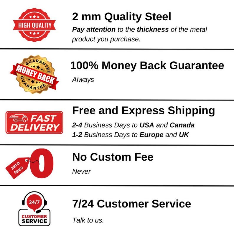 May include: Image with text and icons. Includes a red badge that says "High Quality". Text states "2 mm Quality Steel" and "Pay attention to the thickness of the metal product you purchase."