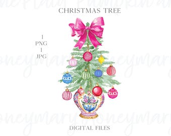 Preppy Chinoiserie Christmas Tree PNG, Trendy Ornaments (Digital Download)