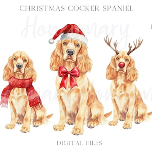 Puede incluir: Tres ilustraciones digitales de perros Cocker Spaniel con atuendos navideños. Un perro lleva un gorro de Papá Noel, otro lleva una bufanda roja y el tercero lleva cuernos de reno y una nariz roja.