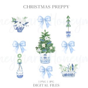 Christmas Chinoiseries Preppy PNG  JPG,  Preppy Pink Blue  Christmas PNG Digital Download Preppy Christmas Coquette Bow
