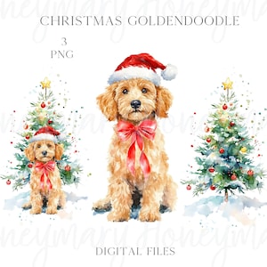 Aquarel kerst gouden goldendoodle labradoodle doodle hond kerstmuts png clipart coquette preppy doodles kerstboom