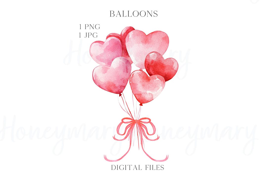 Watercolor Heart Balloons PNG, Valentine's Day Clipart (digital Files ...