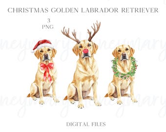 Watercolor Christmas Labrador PNG Clipart, Santa Hat, Reindeer (Digital Files)