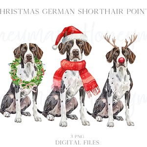 Puede incluir: Tres ilustraciones de acuarela de Perdigueros Alemanes de Pelo Corto vestidos con atuendos navideños. Un perro lleva un gorro de Papá Noel, otro lleva una bufanda roja y el tercero tiene cuernos de reno y una nariz roja.