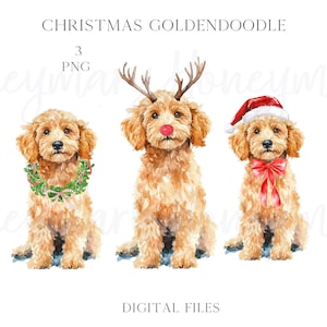 Pode incluir: Três ilustrações digitais de um cão golden doodle usando diferentes acessórios de Natal. O primeiro cão está usando uma coroa verde ao redor do pescoço. O segundo cão está usando uma faixa de cabeça vermelha de chifres de rena. O terceiro cão está usando um chapéu de Papai Noel vermelho e um laço vermelho.