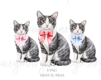 Aquarell Katzen Clipart: Grau-weiße Katzen mit Schleifen (PNG)