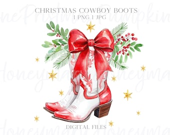 Könnte beinhalten: Ein Paar weiße Cowboy-Stiefel mit roten Oberteilen und einer roten Schleife. Die Stiefel sind mit einem grünen und roten Blumenarrangement verziert.