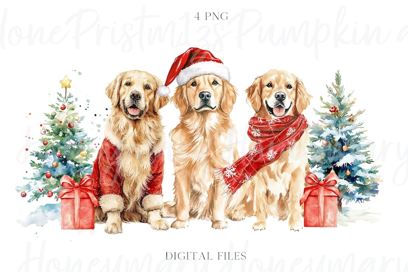 Christmas Golden Retriever Watercolor Clipart, Santa Dog PNG (digital ...