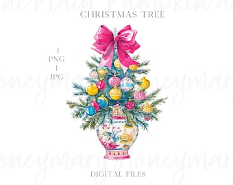 Preppy Chinoiserie Christmas Tree PNG, Trendy Ornaments (Digital Download)