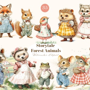 Akwarela Clipart Książka z opowieściami Zwierzęta leśne PNG Wiewiórka Clipart, Lis, Jeleń, Sowa, niedźwiedź, szop, mysz, żaba, Magiczne Dzieci Przedszkole Clipart