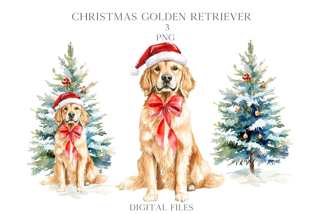 Watercolor Christmas Golden Retriever Dog Santa Hat PNG Clipart