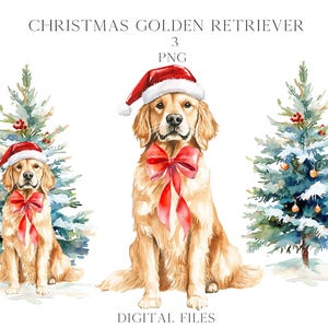 Watercolor Christmas Golden Retriever Dog Santa Hat PNG Clipart Coquette Preppy Drew Doodles Christmas Tree