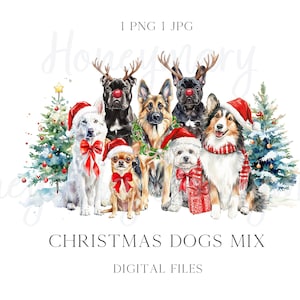Christmas Dog Mix Watercolor, Cute santa hat, Christmas sweater,  PNG Clipart Grand Millennial Preppy Doodles