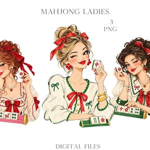 May include: Three digital illustrations of characters with styled hair and red bows, wearing cream-colored tops with green trim and red bows. Each character holds a mahjong tile and has a rack of tiles in front. Text reads MAHJONG LADIES 3 PNG.