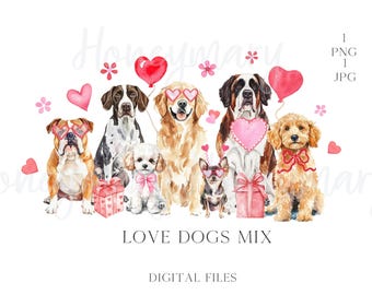 Valentine's Day Dog Watercolor Clipart, Hearts, Love (PNG JPG)