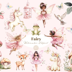 Watercolor Fairy Clipart, Pink Fairy PNG, Fairy PNG Mushroom Clipart, Unicorn, Deer, Floral Clipart, Magical Fairy Nursery Clipart Clipart