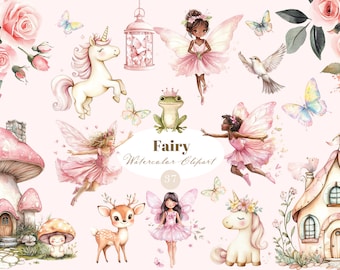 Watercolor Fairy Clipart, Pink Unicorn, Deer, Floral PNG (Digital Download)