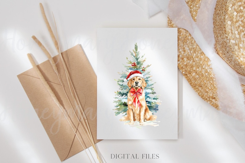 Watercolor Christmas Golden Retriever Dog Santa Hat PNG Clipart
