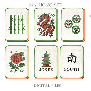 May include: Six Mahjong tiles with different designs. The tiles show bamboo, a red dragon, green flower symbols, a red flower, a pagoda, and the word "SOUTH". The text "MAHJONG SET" and "DIGITAL FILES" are also visible.