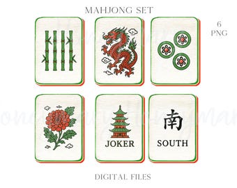 May include: A set of six Mahjong tiles with various illustrations. The tiles feature bamboo stalks, a red dragon, green flower symbols, a red flower, a pagoda, and the word "SOUTH". The text "MAHJONG SET" and "DIGITAL FILES" are also present.