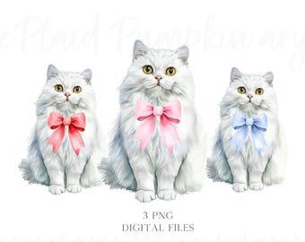 Aquarell weiße Katze PNG Clipart, kokette Schleifen Doodles (Digitaler Download)