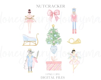 May include: A set of digital illustrations featuring a nutcracker, a ballerina, a mouse king, a Christmas tree, a sleigh, a gift box, and a horn. The illustrations are in a watercolor style and feature pastel colors.