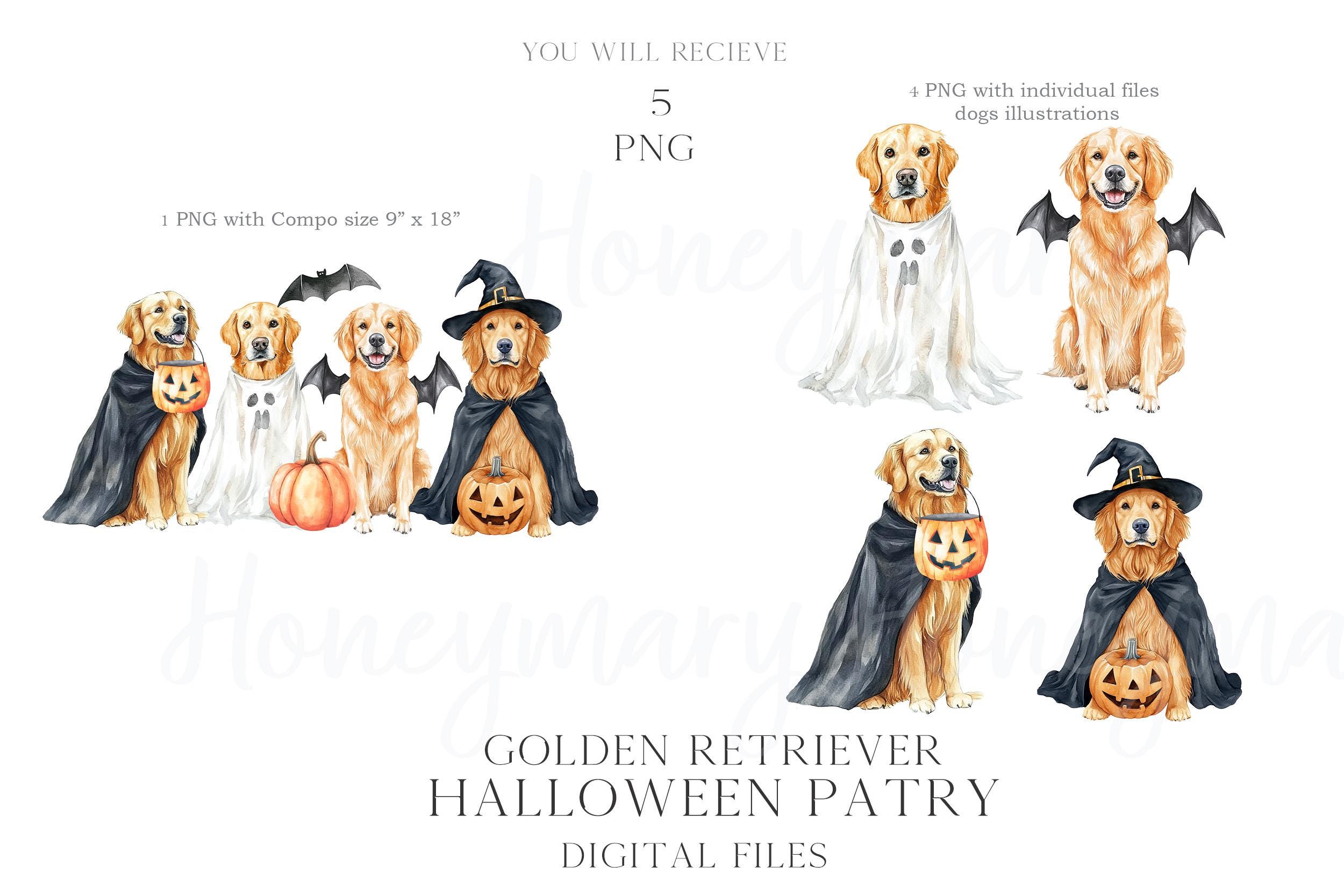 Halloween Golden Retriever Clipart, Puppy, Bat, Pumpkin (PNG Digital ...