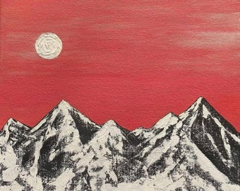 Peinture acrylique faite à la main de montagnes sur toile tendue contre un coucher de soleil rose